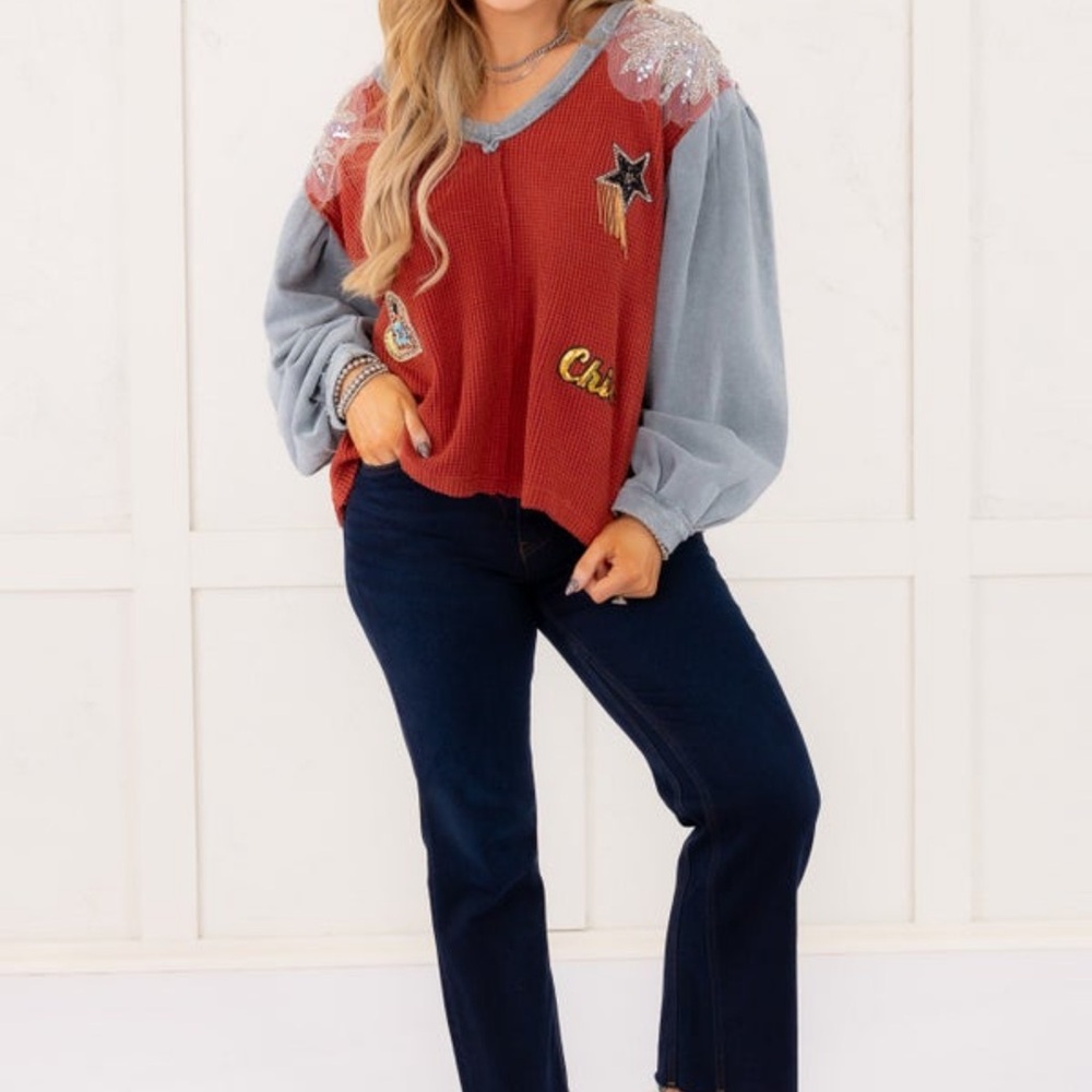 Red And Gray V-Neck Patchwork Sweater - image 2